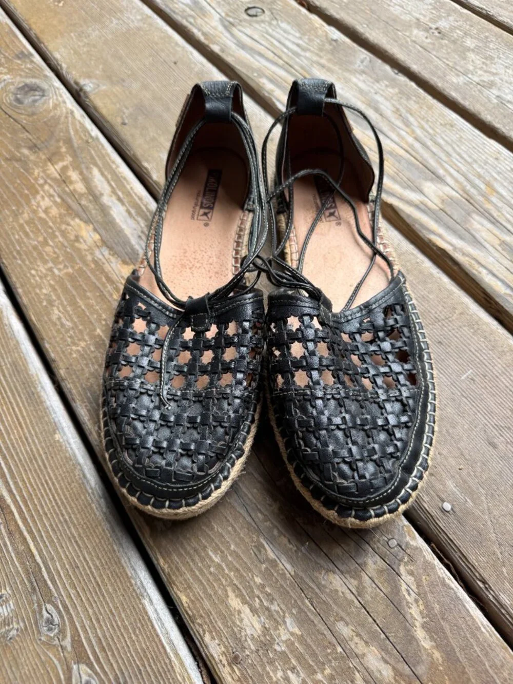 Pikolinos Cadamunt Black Woven Leather Espadrille Wrapped Flat Sandals - EU42/11